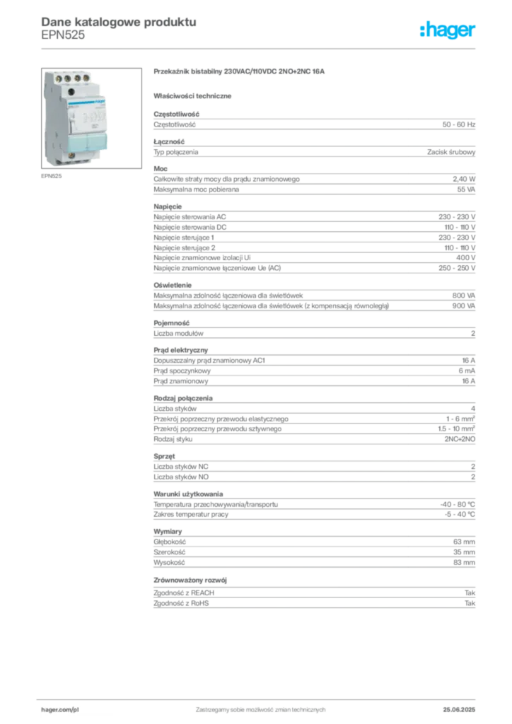 Zdjęcie Hager Karta katalogowa EPN525 | Hager Polska