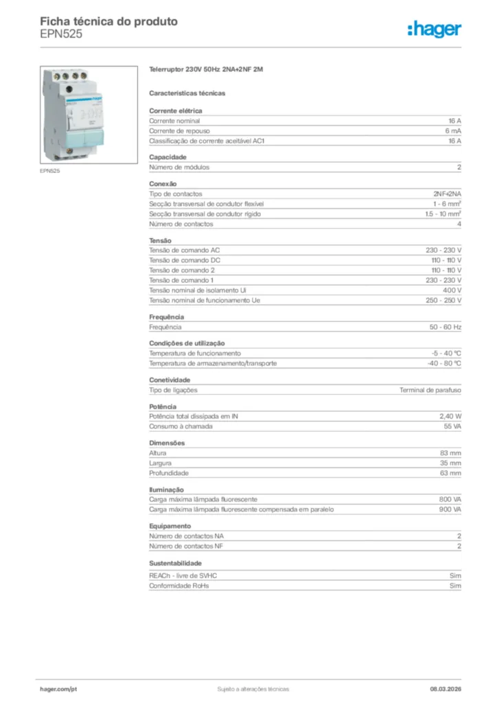 Imagem Hager Ficha técnica do produto EPN525 | Hager Portugal