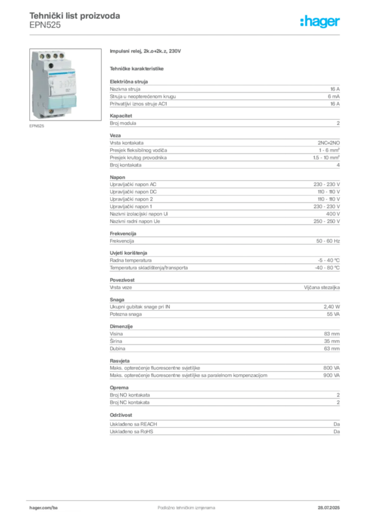 Slika Hager Product data sheet EPN525  | Hager