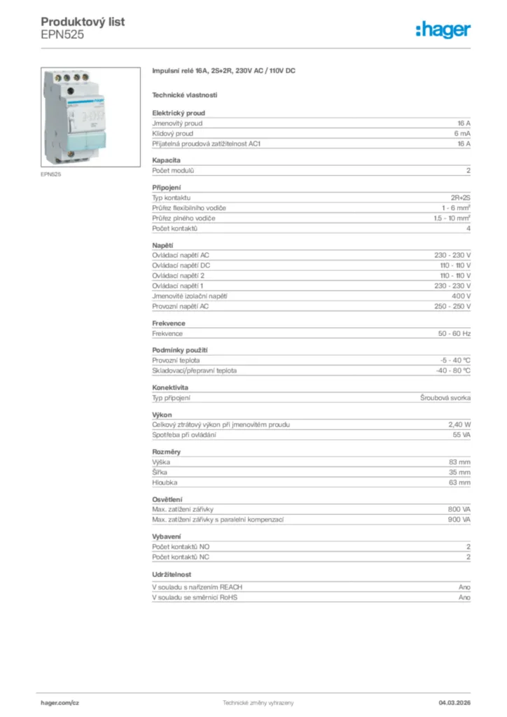 Obrázek Hager Product data sheet EPN525 | Hager