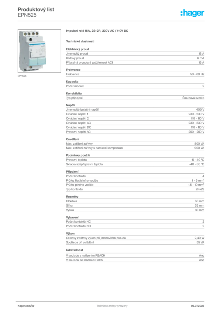 Obrázek Hager Produktový list EPN525 | Hager