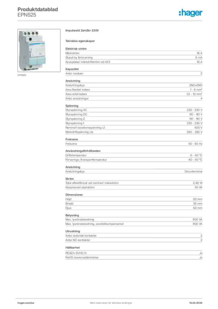Bild Hager Produktdatablad EPN525 | Hager Sverige