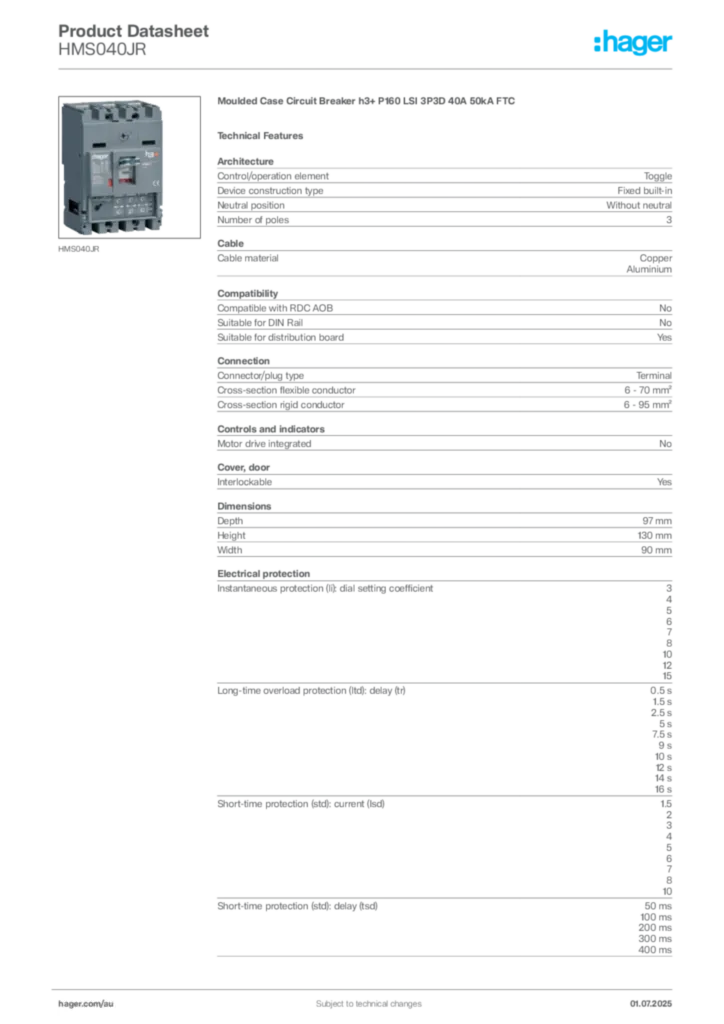 Image Hager Product data sheet HMS040JR  | Hager Australia
