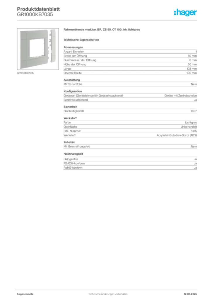 Bild Hager Produktdatenblatt GR1000KB7035 | Hager Deutschland