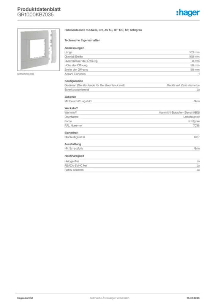 Bild Hager Produktdatenblatt GR1000KB7035 | Hager Deutschland