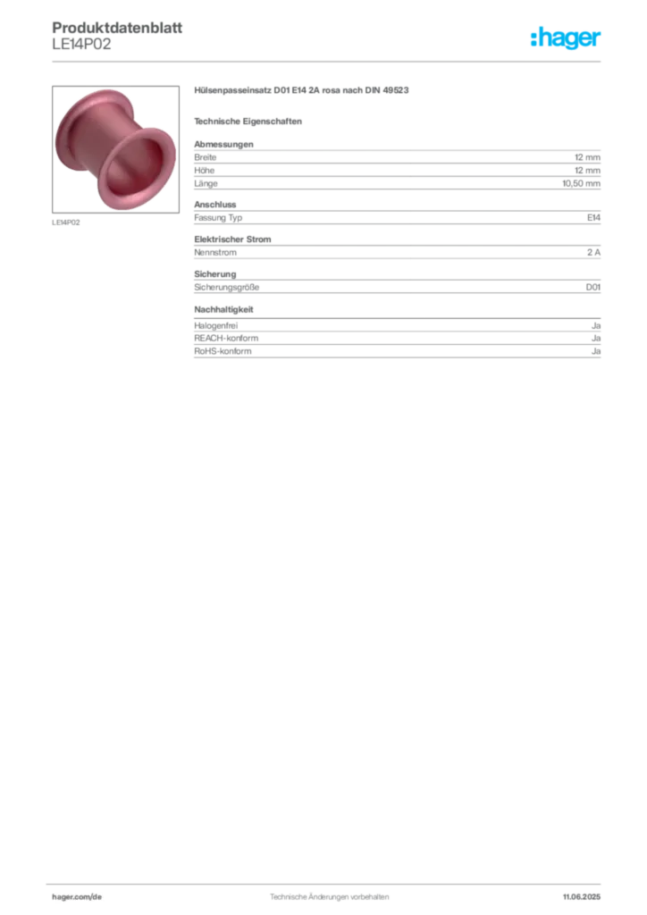Bild Hager Produktdatenblatt LE14P02 | Hager Deutschland