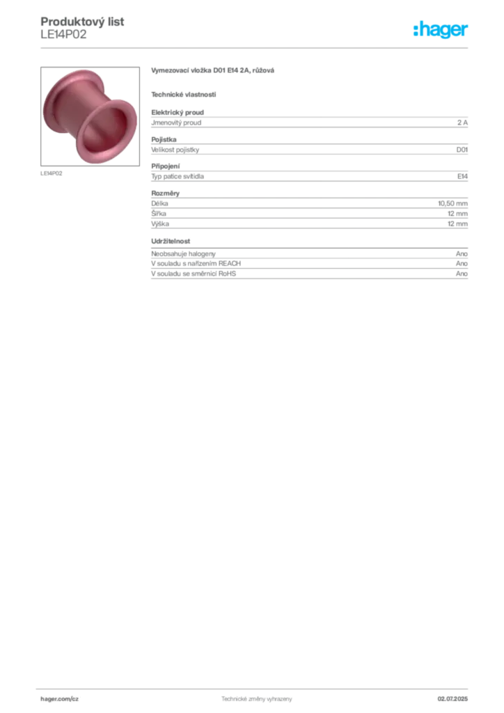 Obrázek Hager Produktový list LE14P02 | Hager
