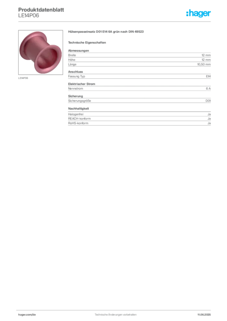 Bild Hager Produktdatenblatt LE14P06 | Hager Deutschland