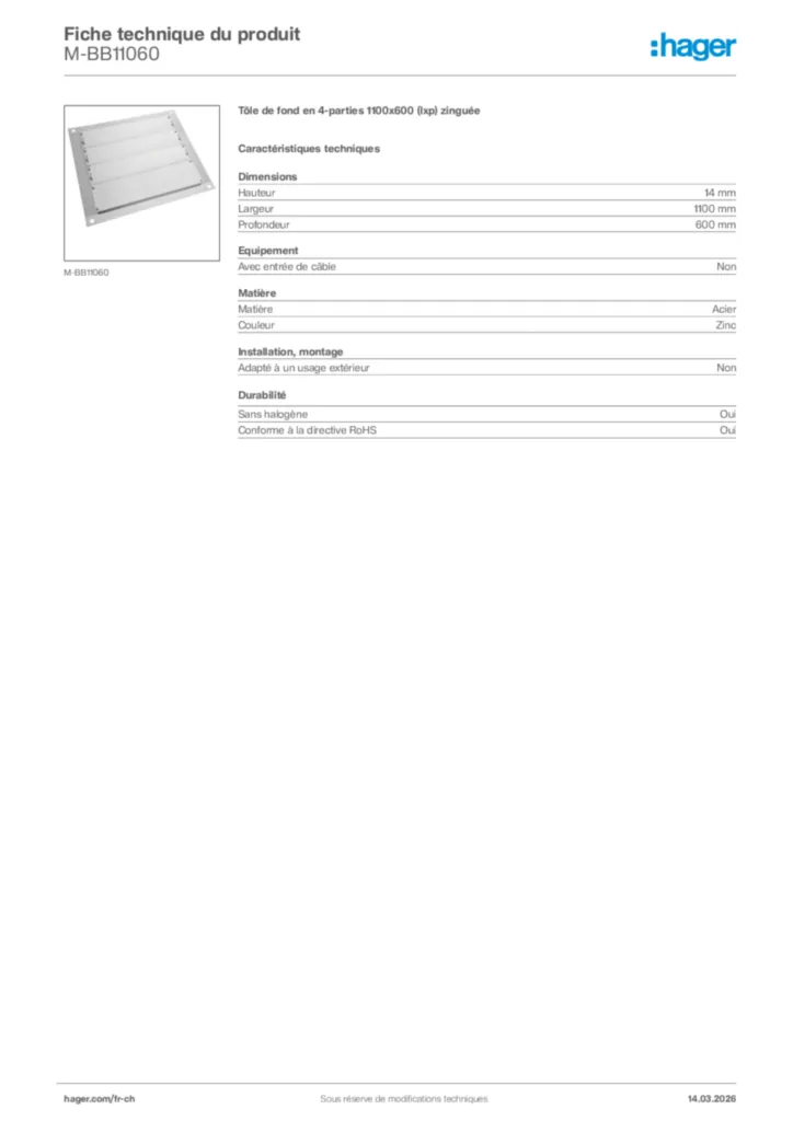 Image Hager Fiche technique du produit M-BB11060 | Hager Suisse