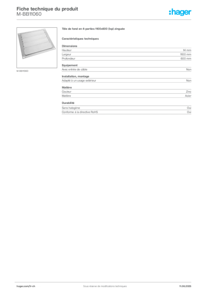 Image Hager Fiche technique du produit M-BB11060 | Hager Suisse