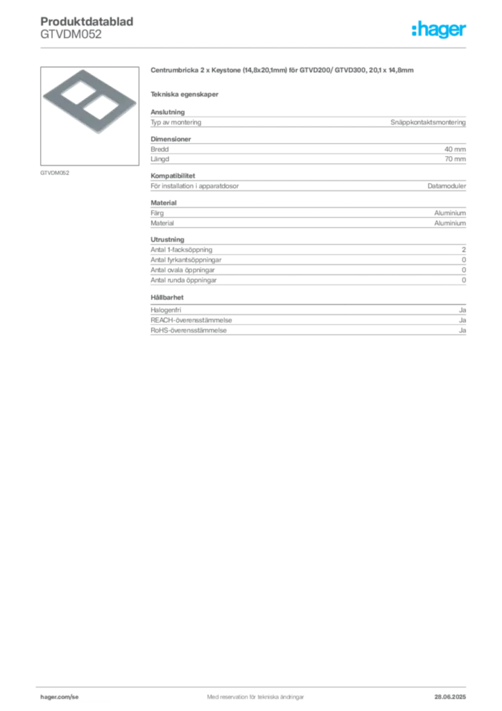 Bild Hager Produktdatablad GTVDM052 | Hager Sverige