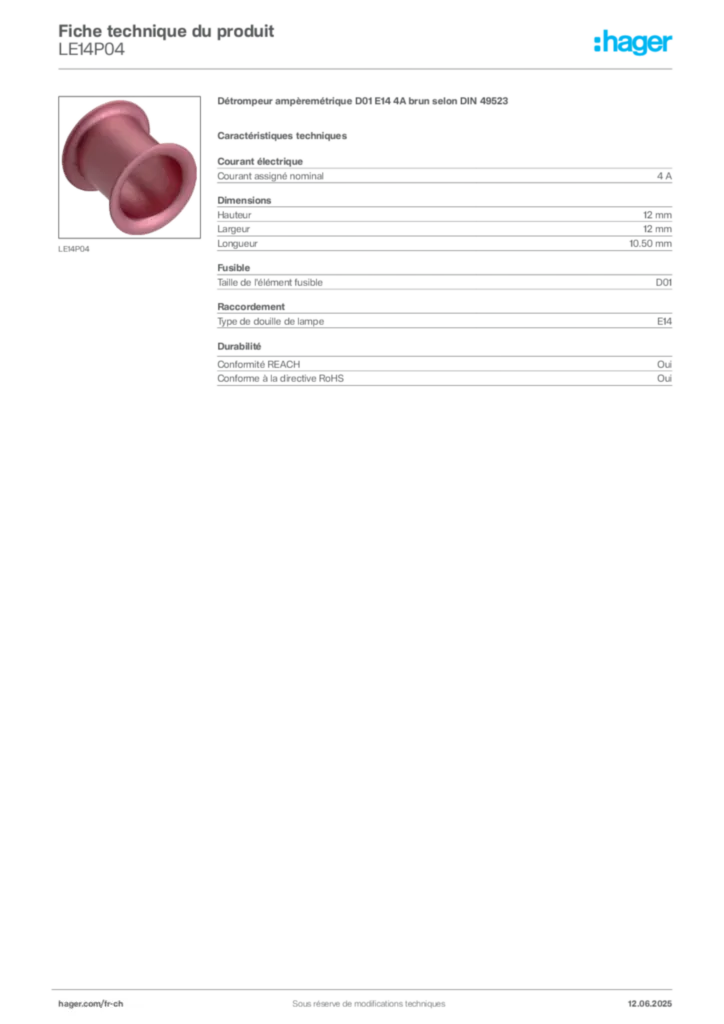 Image Hager Fiche technique du produit LE14P04 | Hager Suisse