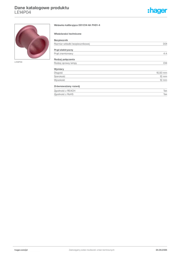 Zdjęcie Hager Karta katalogowa LE14P04 | Hager Polska