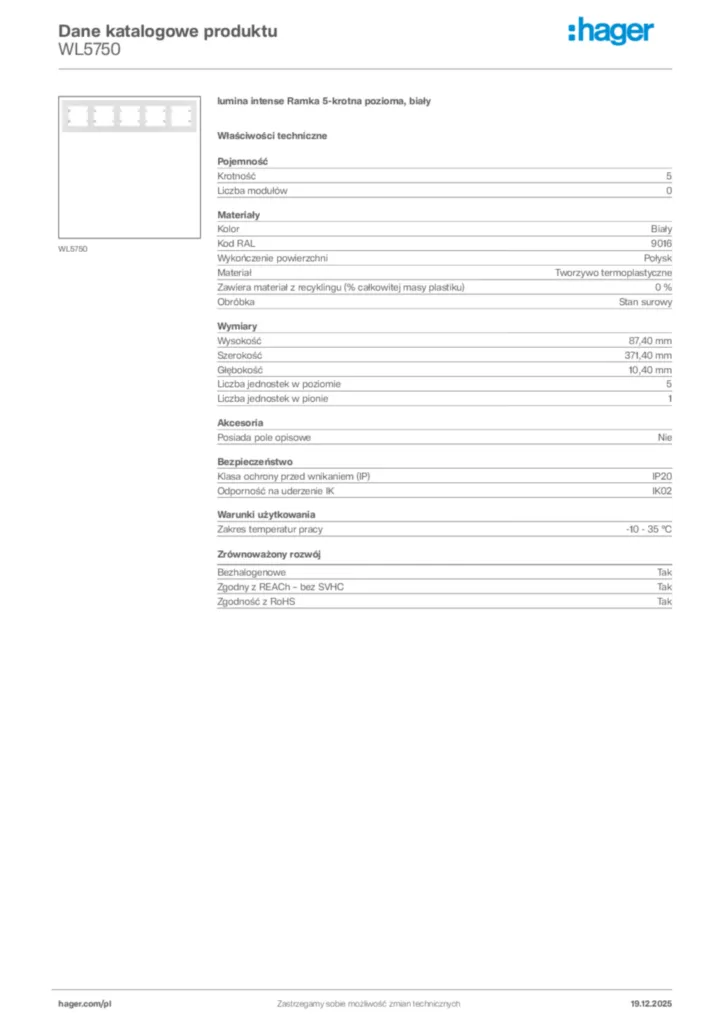 Zdjęcie Hager Karta katalogowa WL5750 | Hager Polska