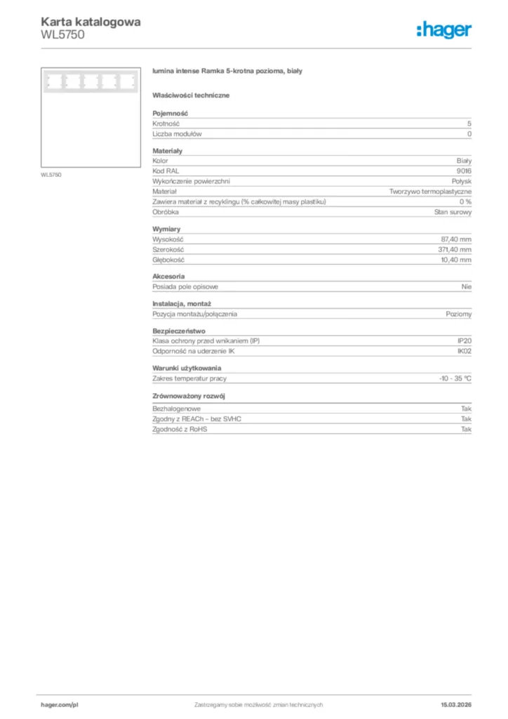 Zdjęcie Hager Karta katalogowa WL5750 | Hager Polska