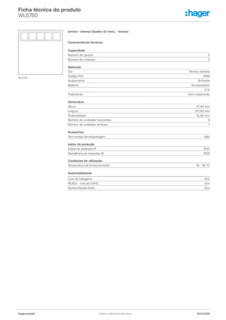 Imagem Hager Ficha técnica do produto WL5750 | Hager Portugal