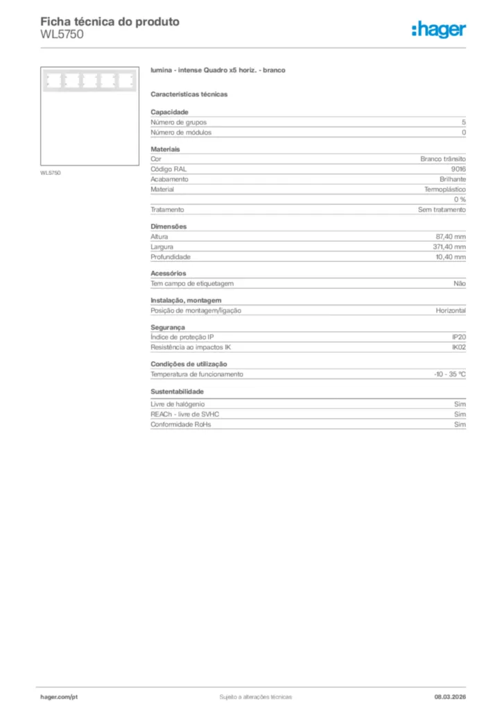 Imagem Hager Ficha técnica do produto WL5750 | Hager Portugal