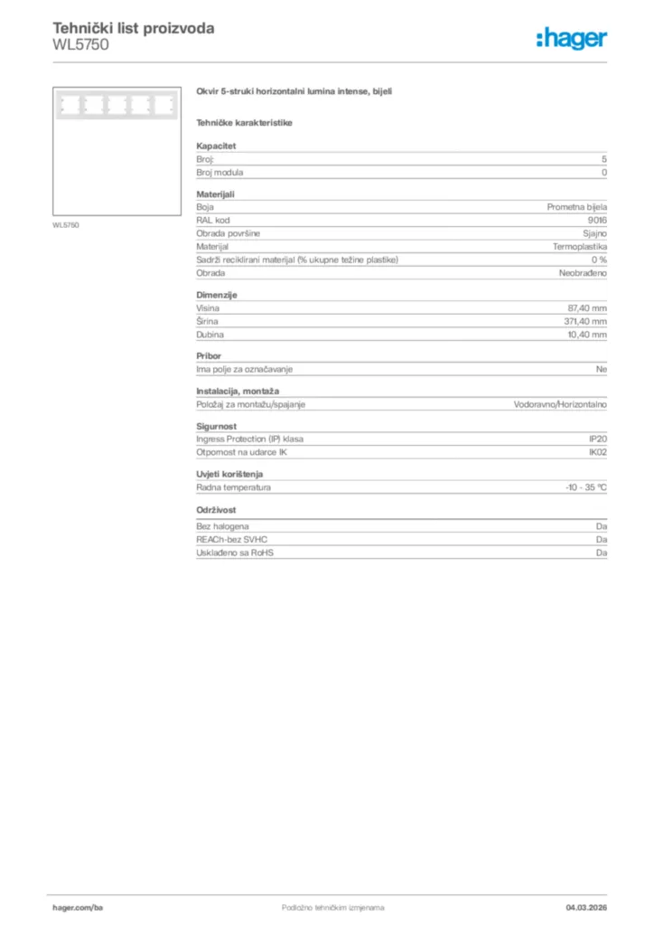 Slika Hager Tehnički list proizvoda WL5750  | Hager