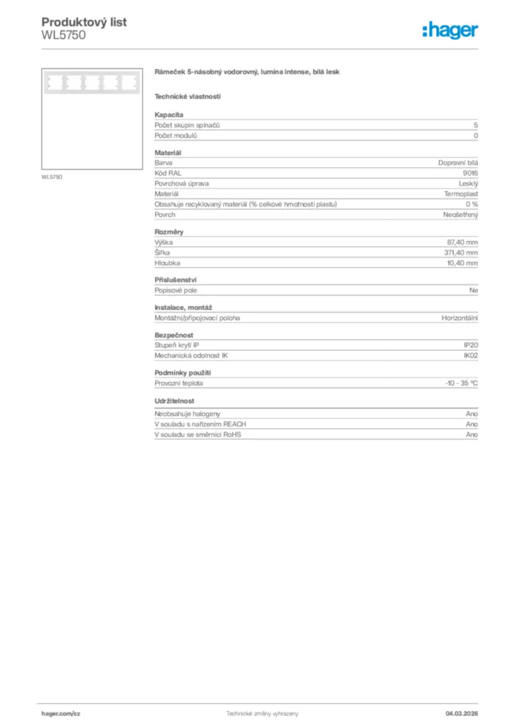 Obrázek Hager Product data sheet WL5750 | Hager