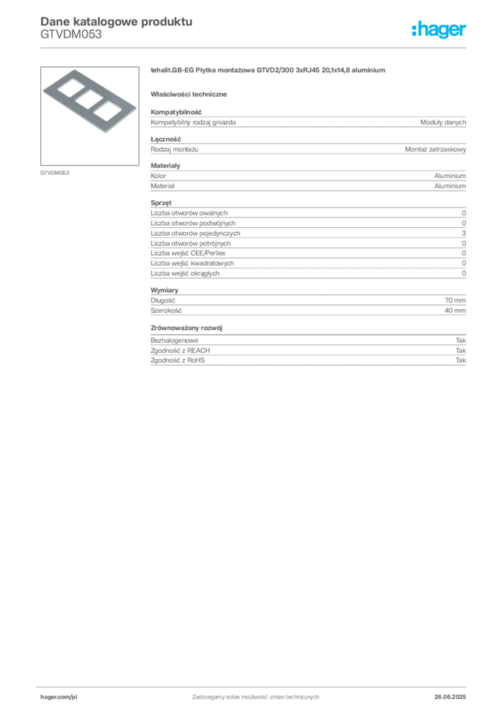 Zdjęcie Hager Karta katalogowa GTVDM053 | Hager Polska