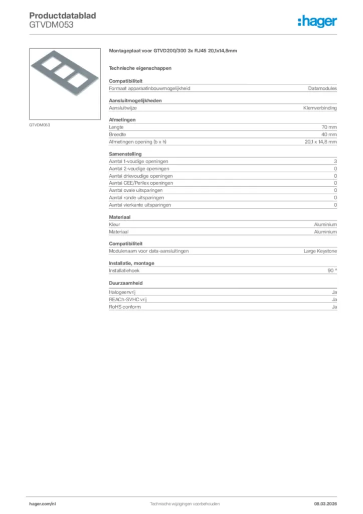 Afbeelding Hager Productdatablad GTVDM053 | Hager Nederland