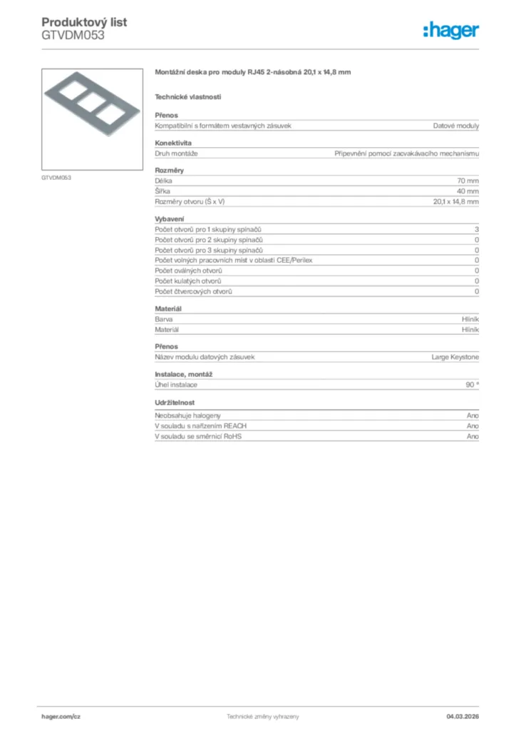 Obrázek Hager Product data sheet GTVDM053 | Hager