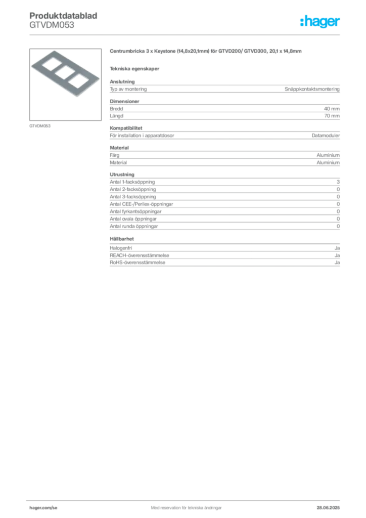 Bild Hager Produktdatablad GTVDM053 | Hager Sverige