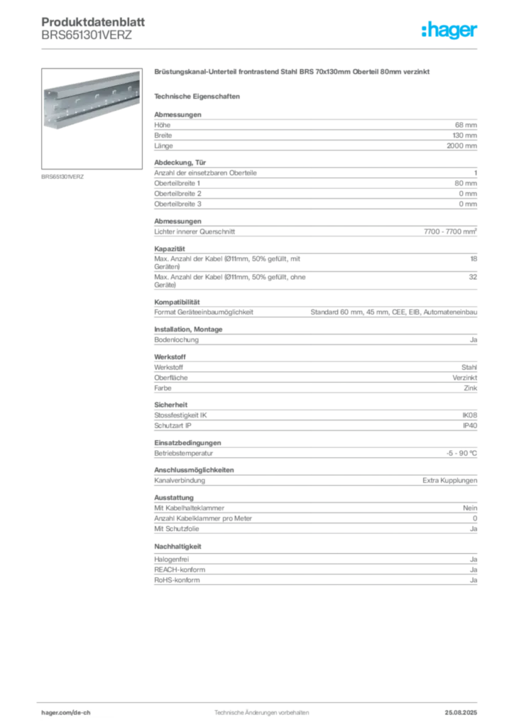 Bild Hager Produktdatenblatt BRS651301VERZ | Hager Schweiz