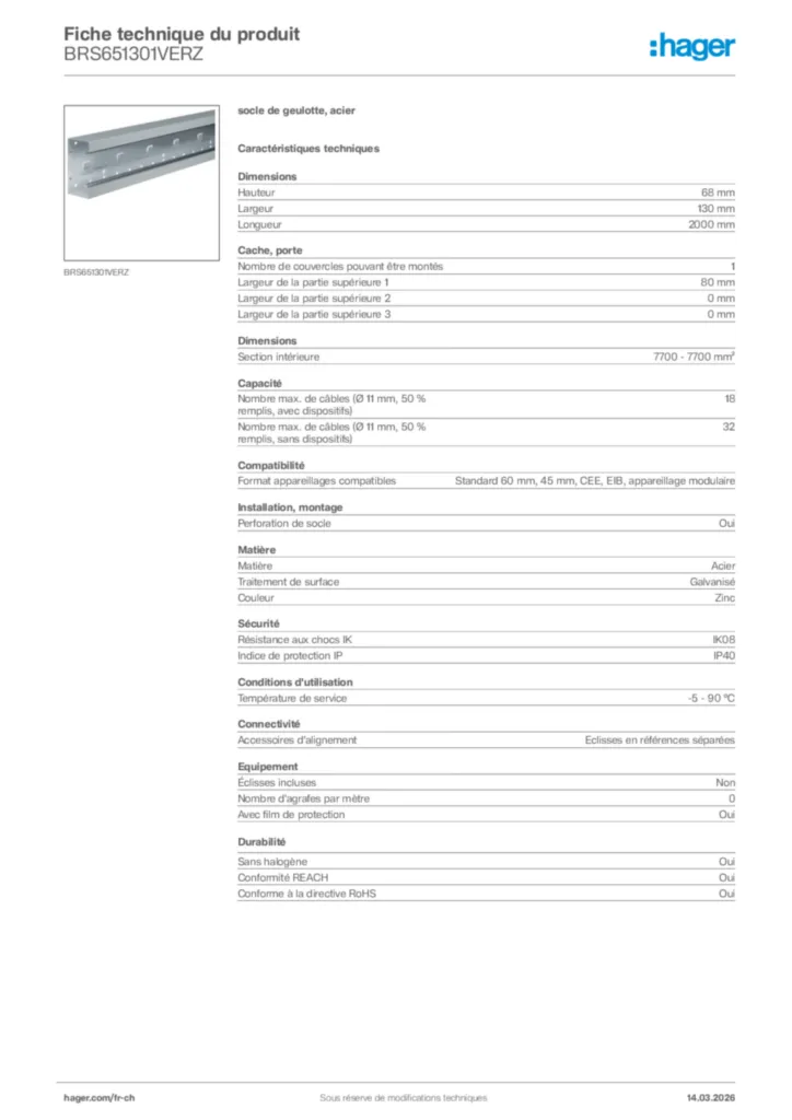 Image Hager Fiche technique du produit BRS651301VERZ | Hager Suisse