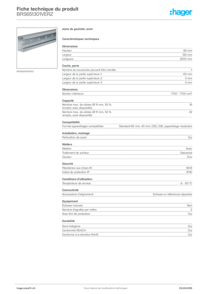 Image Hager Fiche technique du produit BRS651301VERZ | Hager Suisse