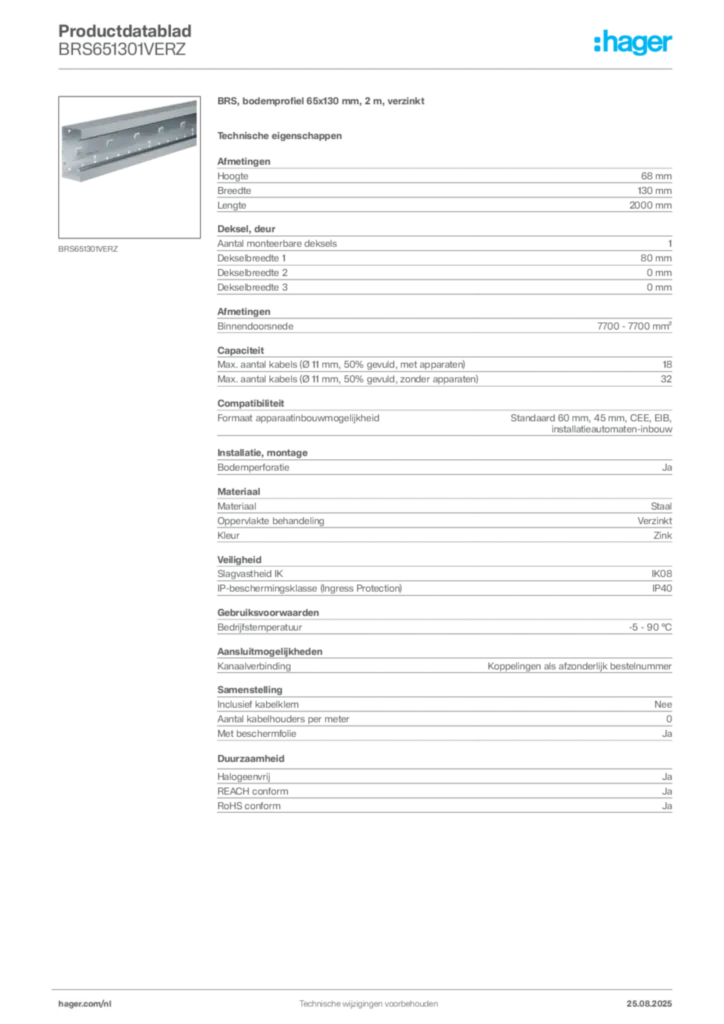 Afbeelding Hager Productdatablad BRS651301VERZ | Hager Nederland