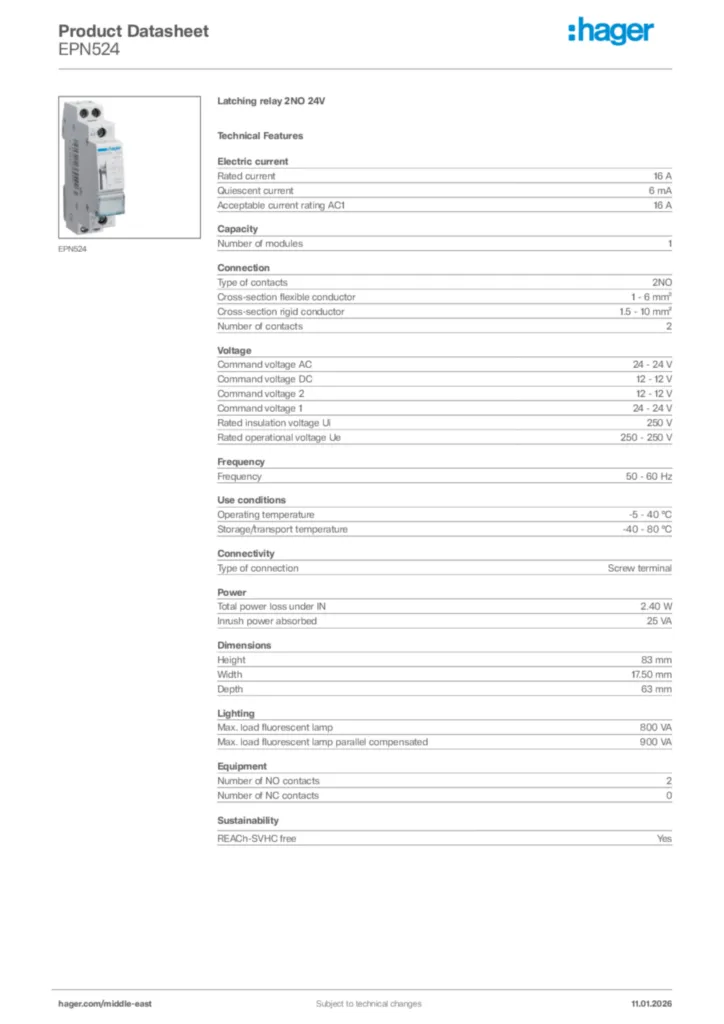 Image Hager Product data sheet EPN524  | Hager