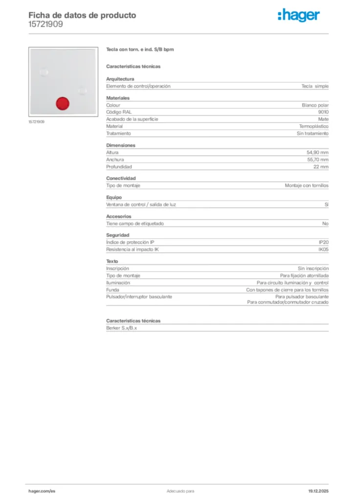 Imagen Hager Ficha de datos de producto 15721909 | Hager España