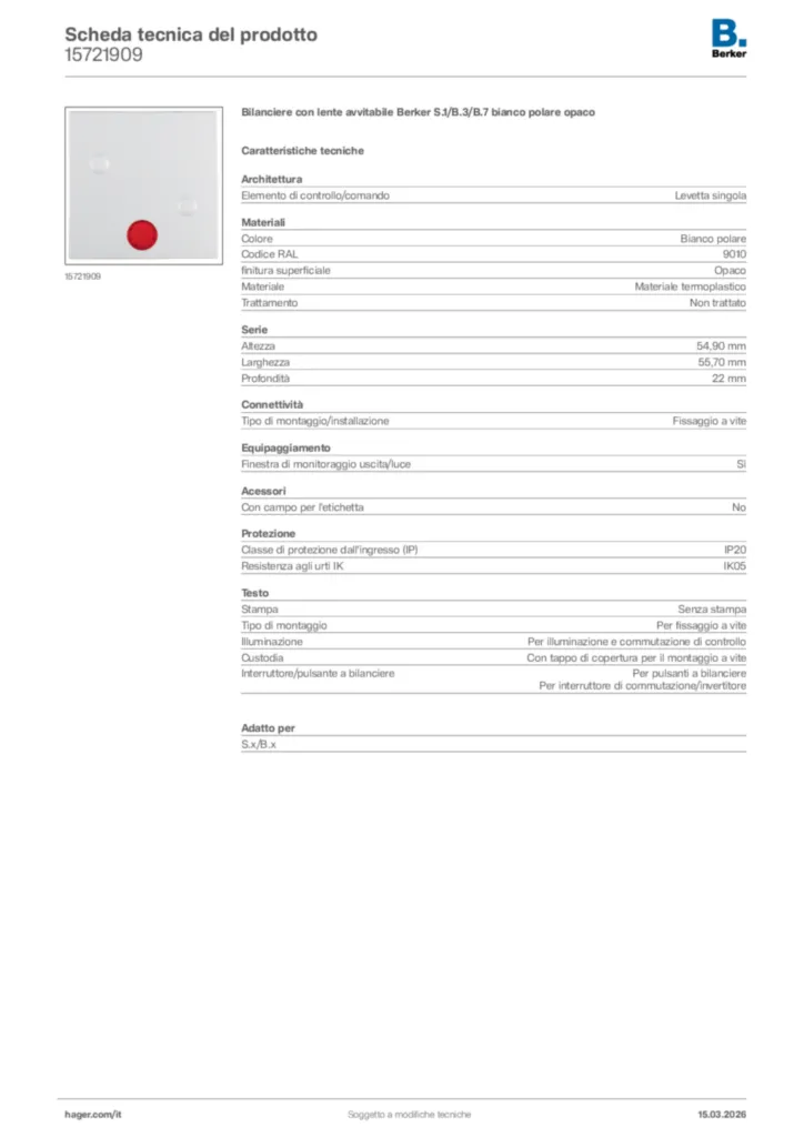 Immagine Berker Scheda tecnica del prodotto 15721909 | Hager Italia
