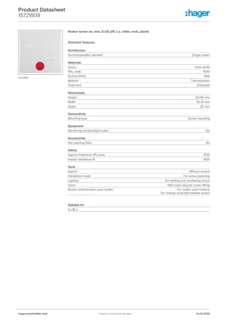 Image Hager Product data sheet 15721909  | Hager