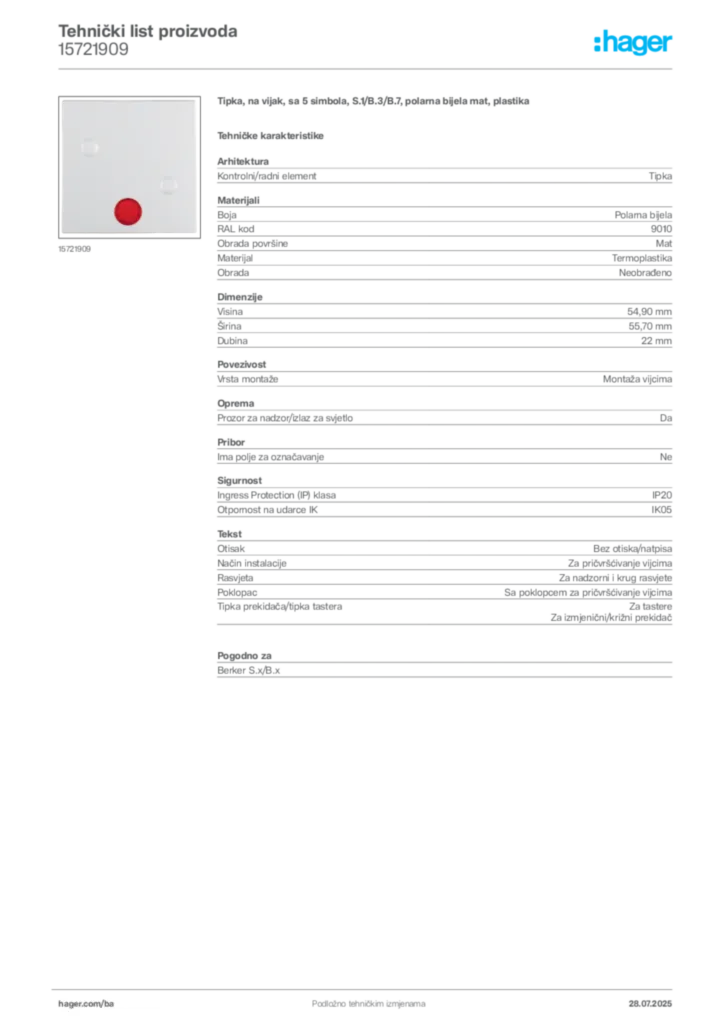 Slika Hager Product data sheet 15721909  | Hager