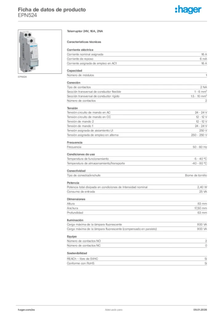 Imagen Hager Ficha de datos de producto EPN524 | Hager España