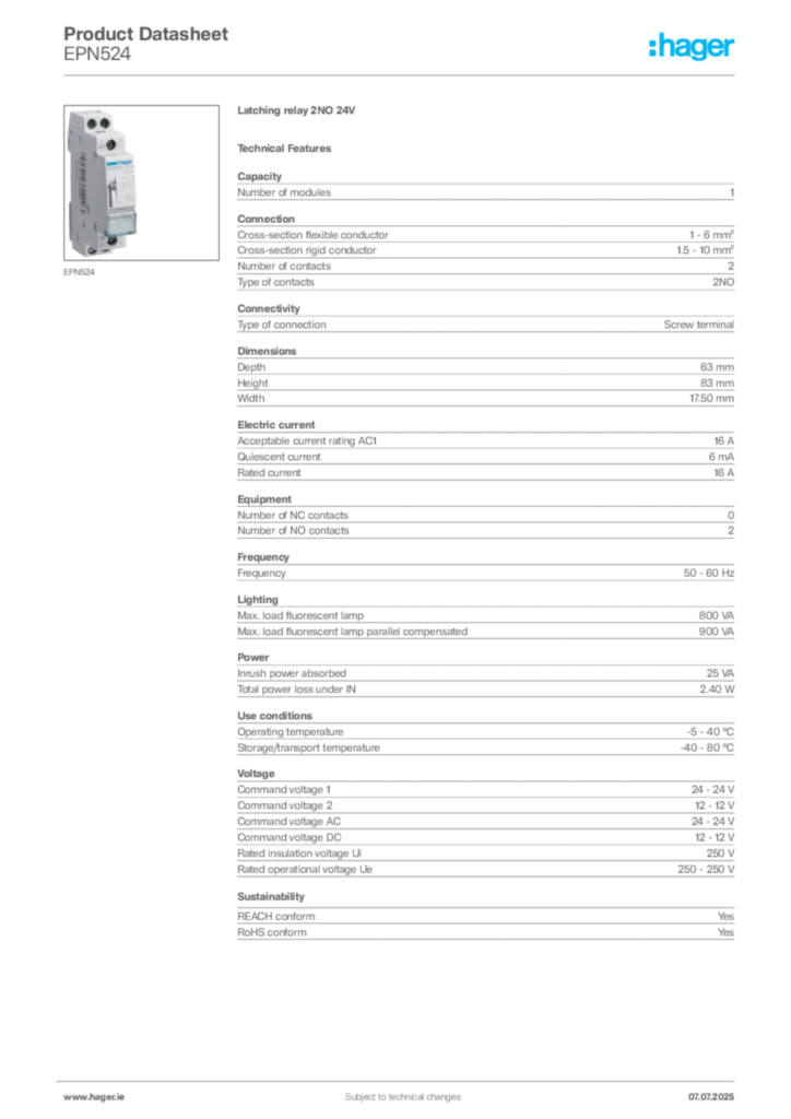 Image Hager Product data sheet EPN524  | Hager