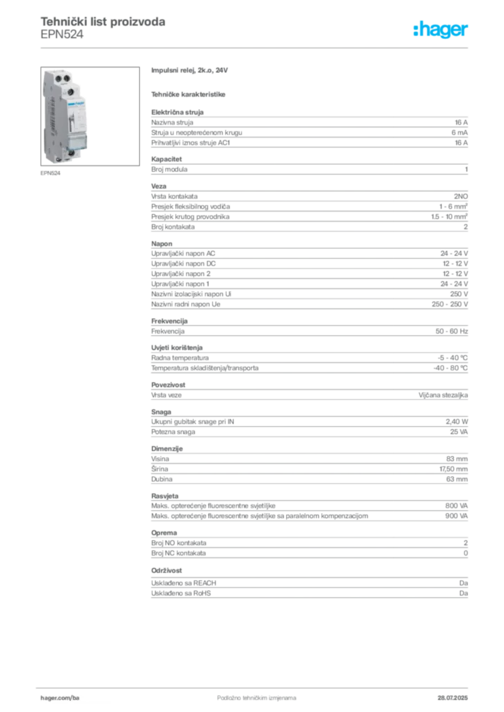 Slika Hager Product data sheet EPN524  | Hager