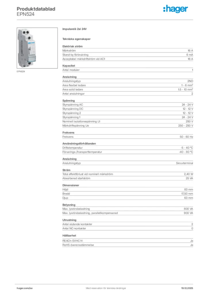 Bild Hager Produktdatablad EPN524 | Hager Sverige