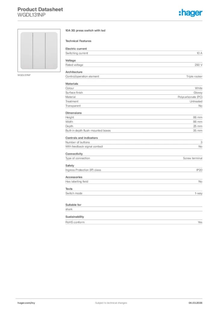 Image Hager Product data sheet WGDL131NP  | Hager