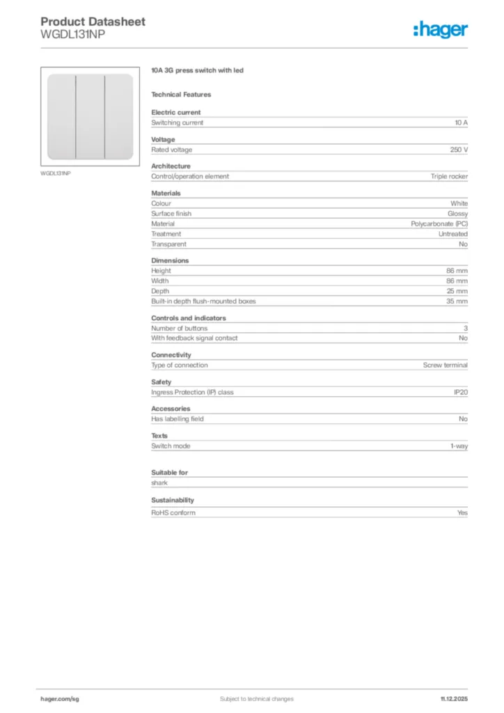 Image Hager Product data sheet WGDL131NP  | Hager