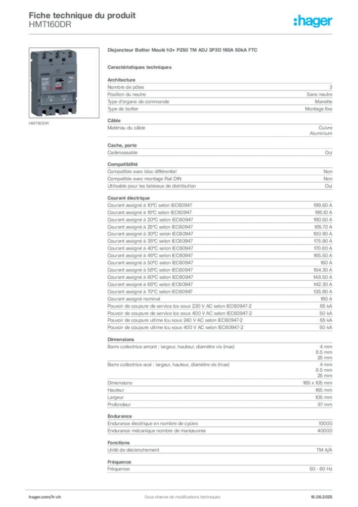 Image Hager Fiche technique du produit HMT160DR | Hager Suisse