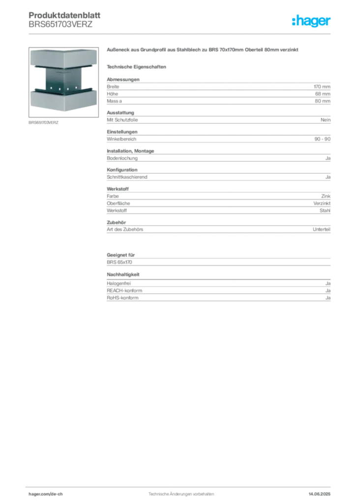 Bild Hager Produktdatenblatt BRS651703VERZ | Hager Schweiz