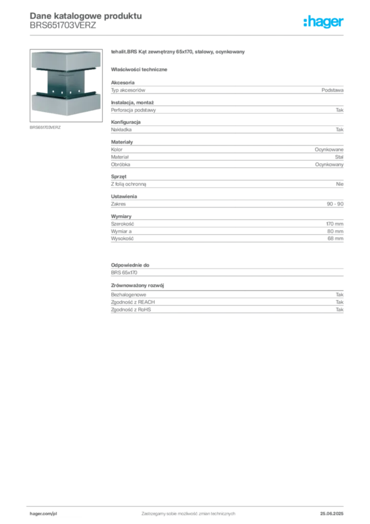 Zdjęcie Hager Karta katalogowa BRS651703VERZ | Hager Polska