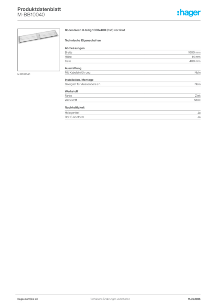 Bild Hager Produktdatenblatt M-BB10040 | Hager Schweiz