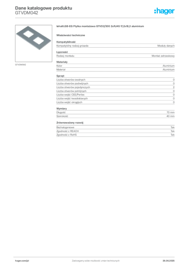 Zdjęcie Hager Karta katalogowa GTVDM042 | Hager Polska