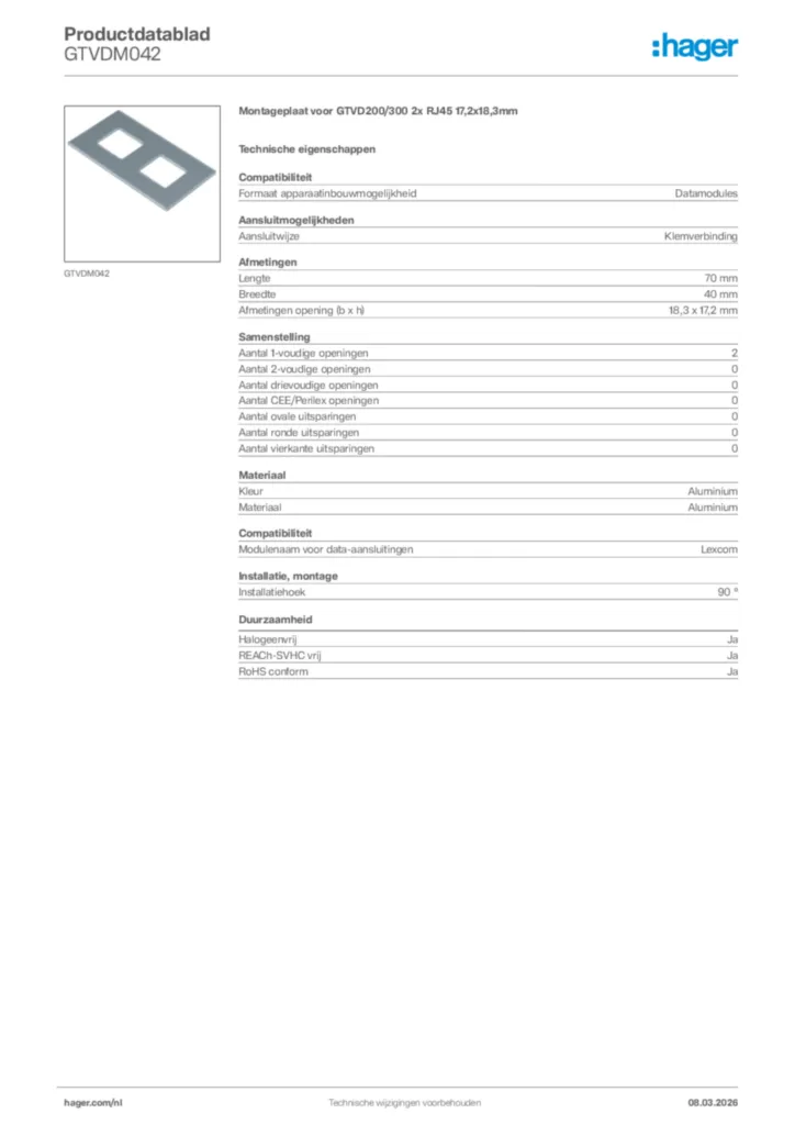 Afbeelding Hager Productdatablad GTVDM042 | Hager Nederland