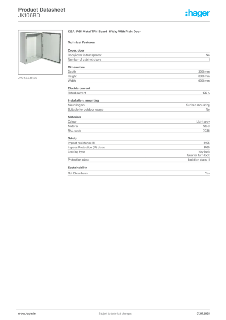 Image Hager Product data sheet JK106BD  | Hager