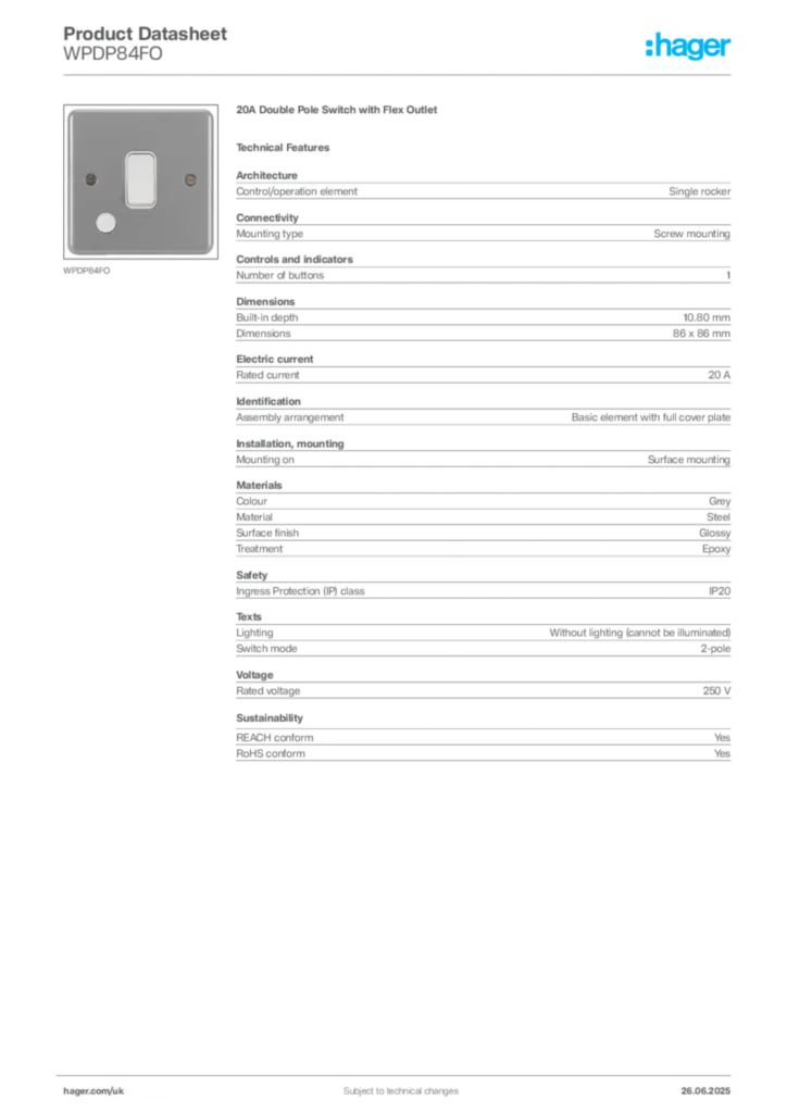 Image Hager Product data sheet WPDP84FO  | Hager